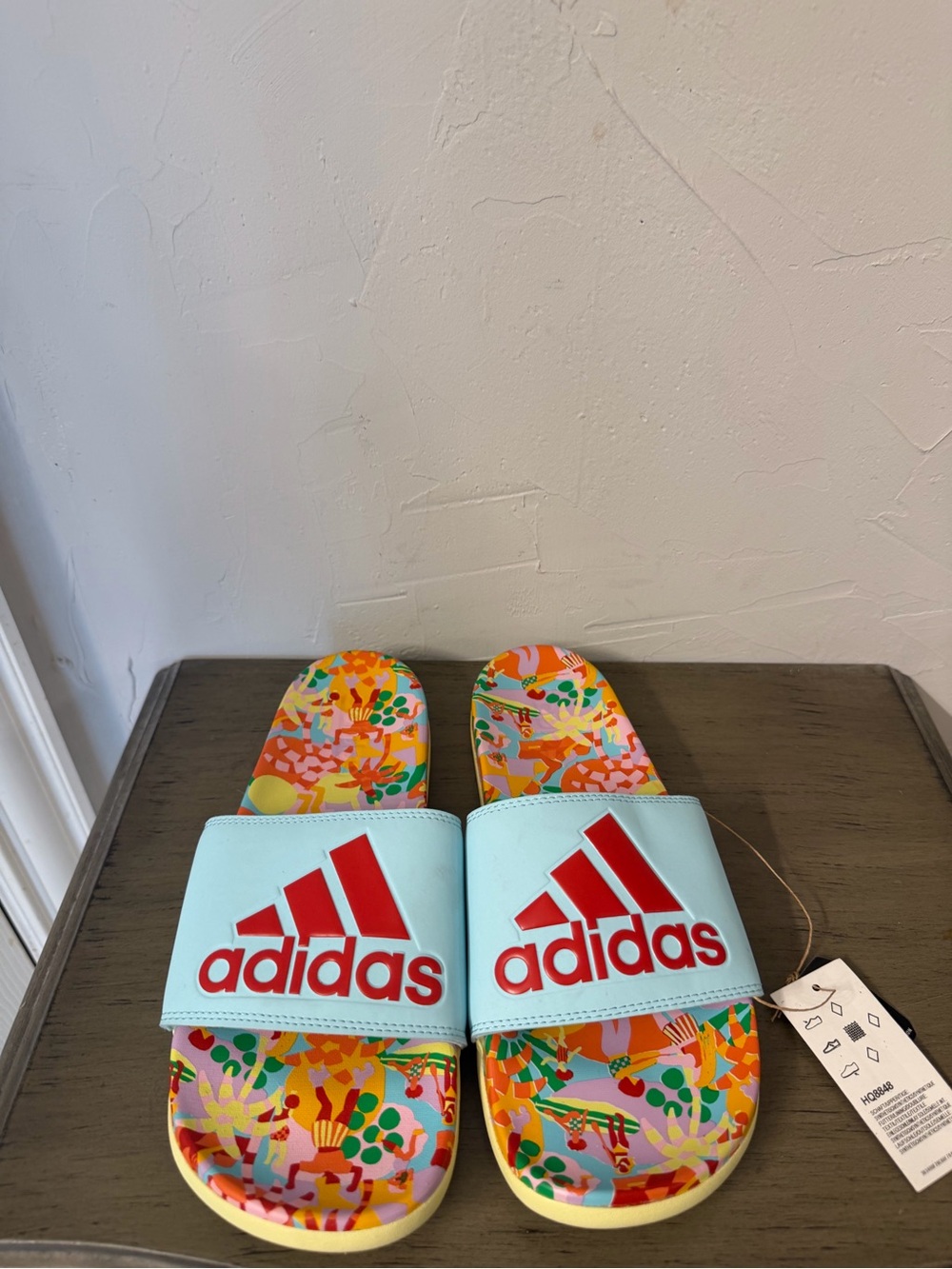 adidas Light Blue Slides with Bright Multicolor Floral Footbed
